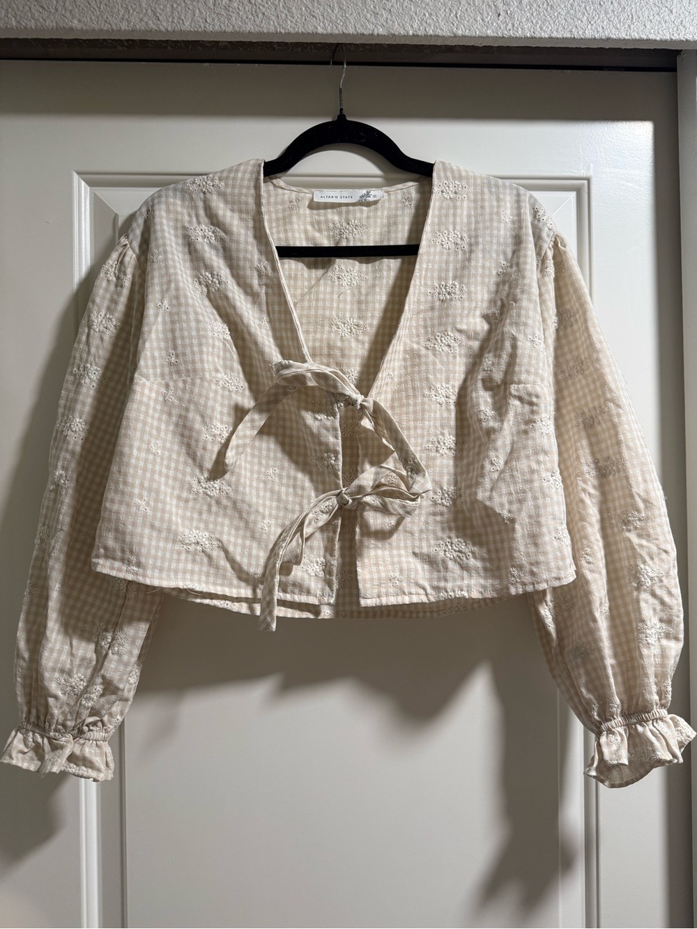 Altar'd State Cream Gingham Tie-Front Puff Sleeve Top